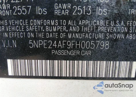 2015 Hyundai Sonata Se from USA, damaged, VIN 5NPE24AF9FH005798